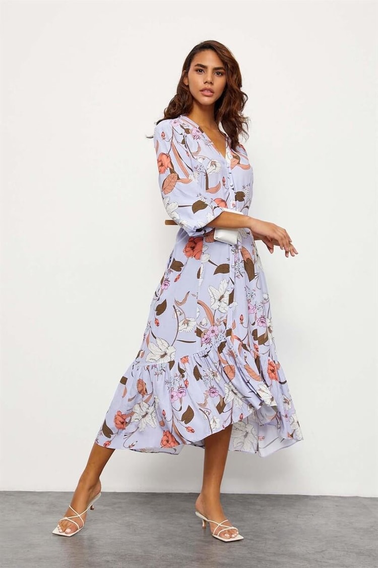 Lila Floral Desen V Yaka ElbiseST060S40108501