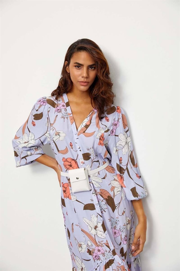 Lila Floral Desen V Yaka ElbiseST060S40108501