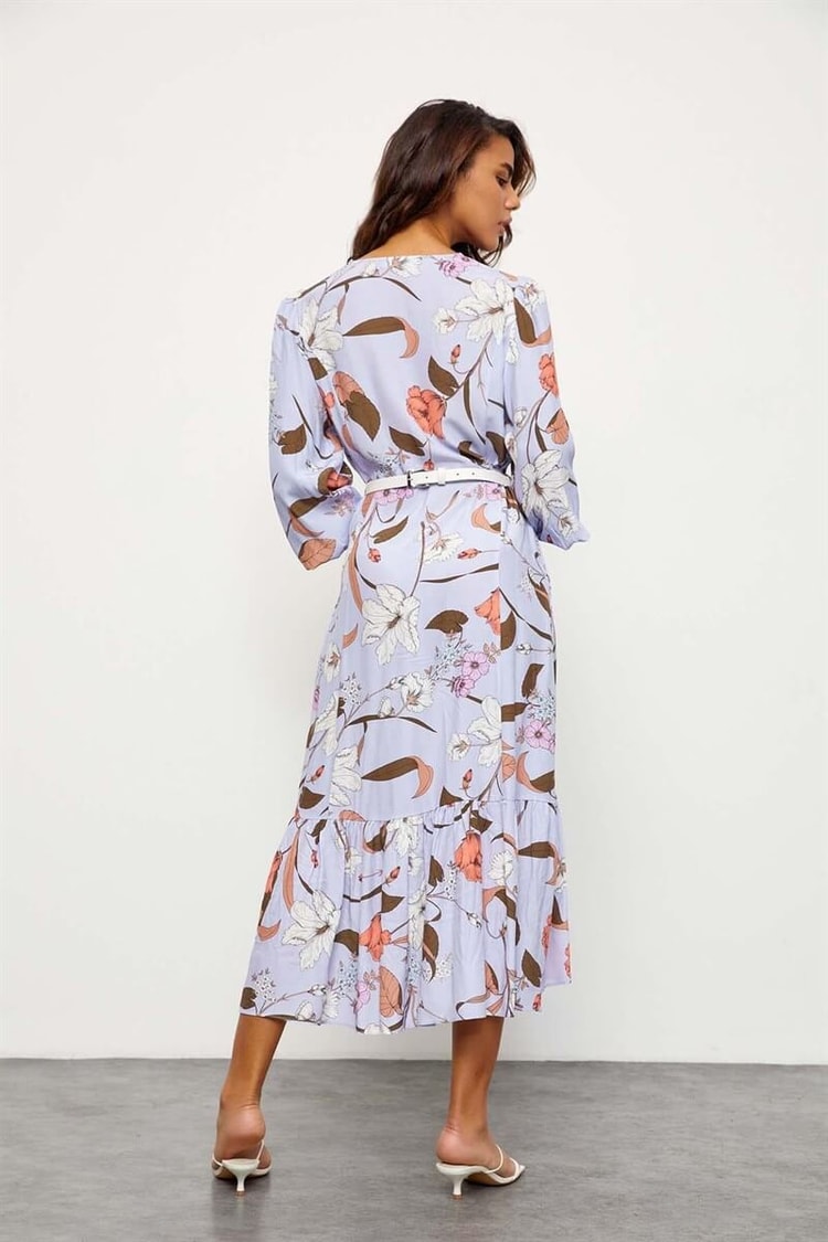 Lila Floral Desen V Yaka ElbiseST060S40108501