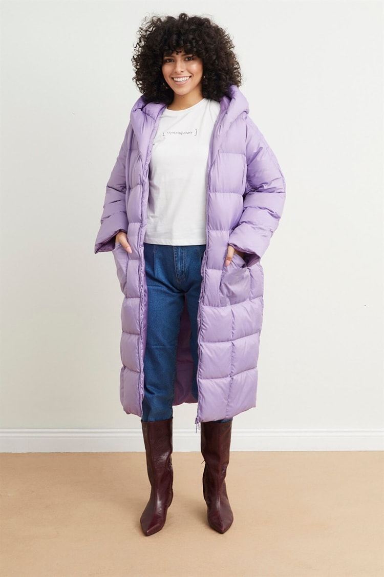 Lila Kapüşonlu Uzun Puffer MontST050W6411401