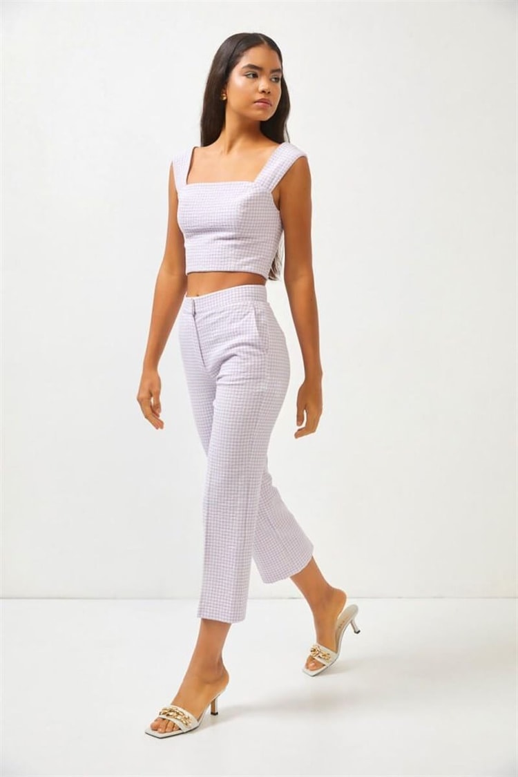 Lila Kare Yaka Pötikare Crop BluzST060S30682001