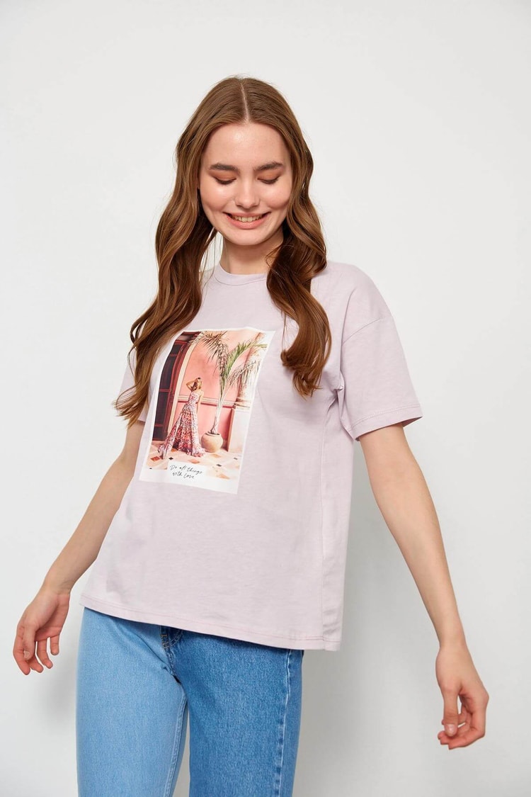 Lila Kısa Kol Baskılı T-ShirtST060S71236001