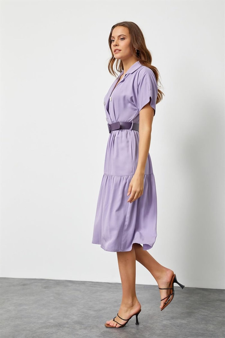 Lila Modal Rayon Düğme Detaylı Diz Altı ElbiseST060S4010091