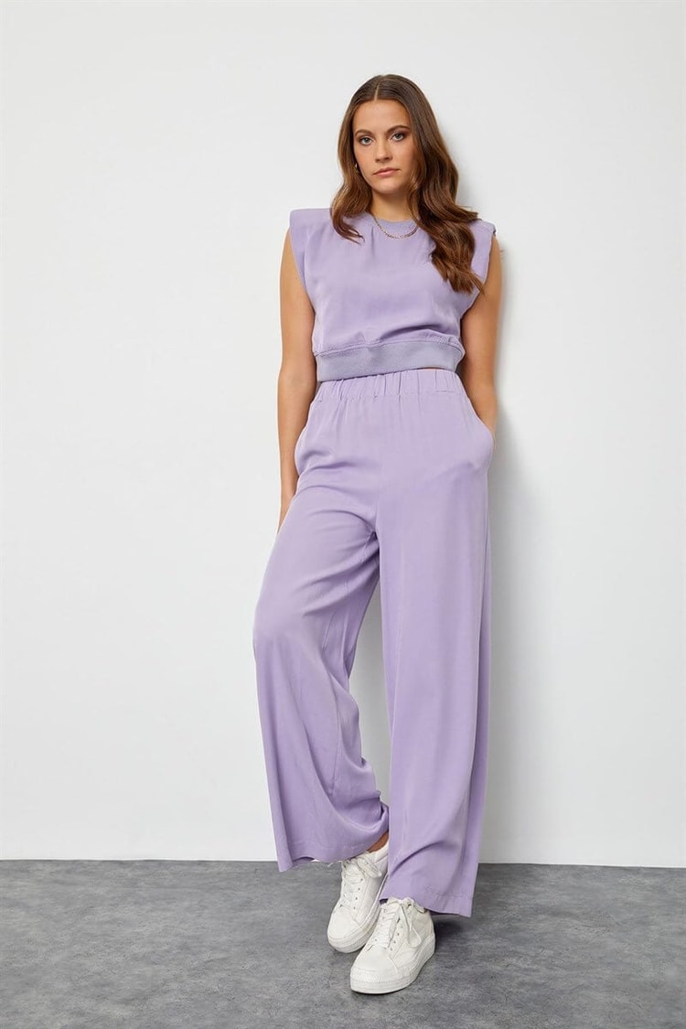 Lila Tencel Yüksek Bel Pantolon Vatkalı Crop Top TakımST050S6006201