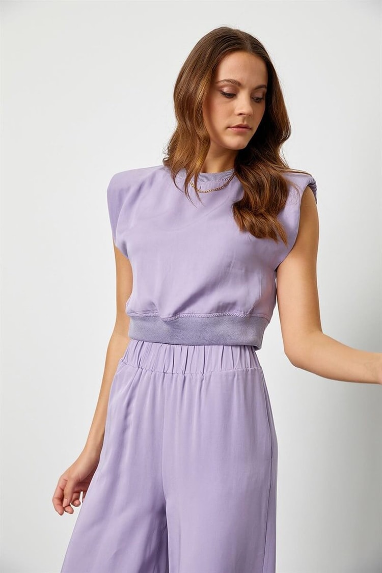 Lila Tencel Yüksek Bel Pantolon Vatkalı Crop Top TakımST050S6006201