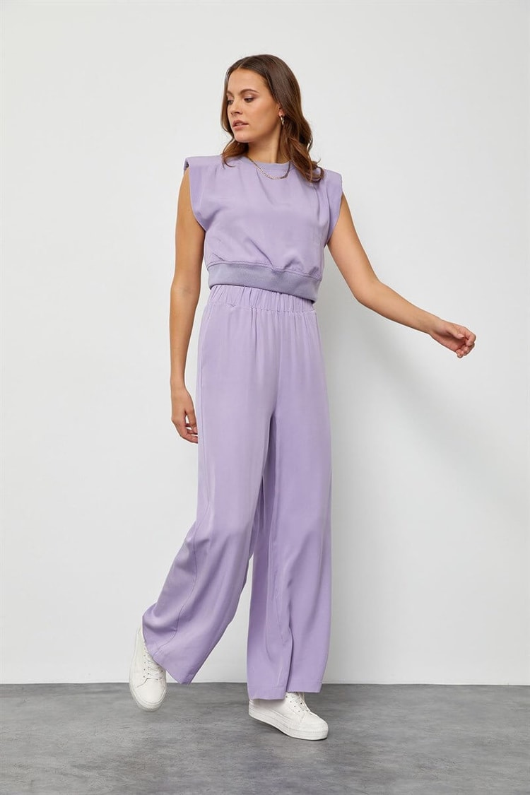 Lila Tencel Yüksek Bel Pantolon Vatkalı Crop Top TakımST050S6006201