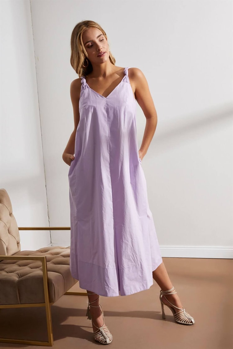 Lila V Yaka Oversize Diz Altı Midi Boy Pamuk ElbiseST050S4054201