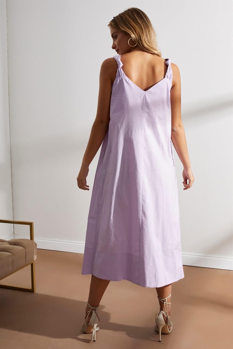 Lila V Yaka Oversize Diz Altı Midi Boy Pamuk ElbiseST050S4054201