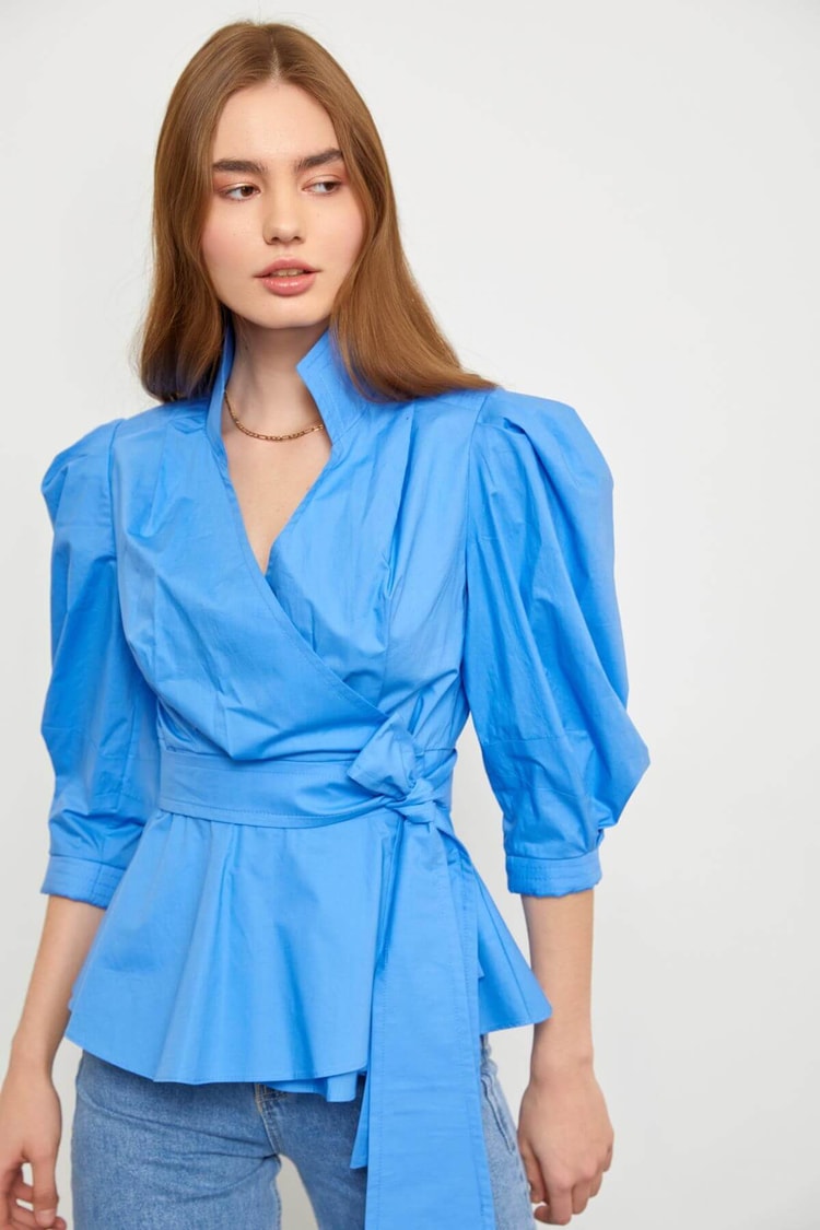 Mavi Bağcık Detaylı Poplin BluzST060S3051901
