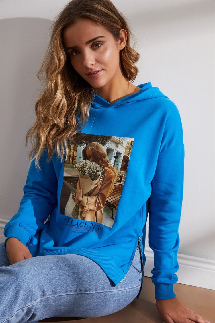 Mavi Kapüşonlu Baskılı SweatshirtST060W7208301