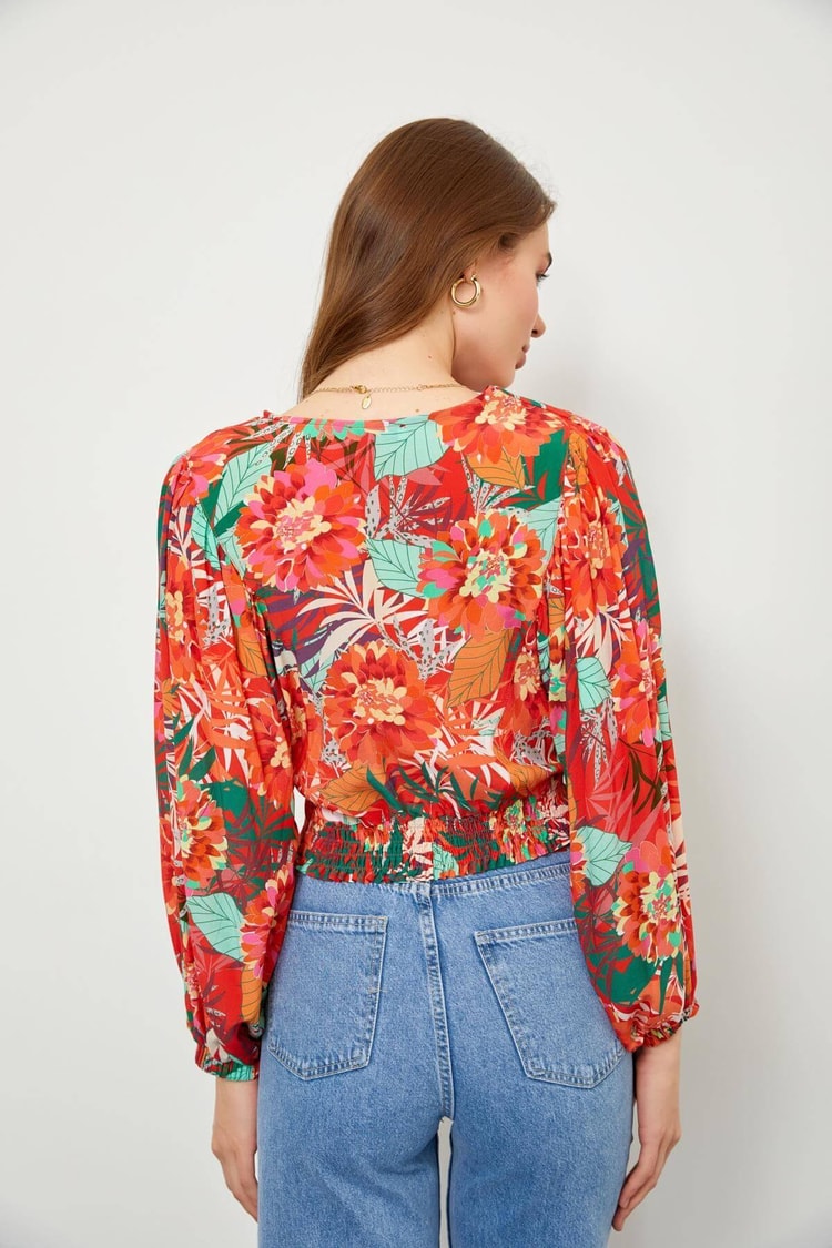 Mercan Floral Desen V Yaka BluzST060S30588001