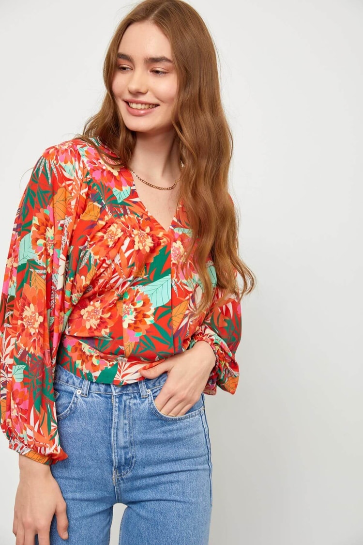 Mercan Floral Desen V Yaka BluzST060S30588001