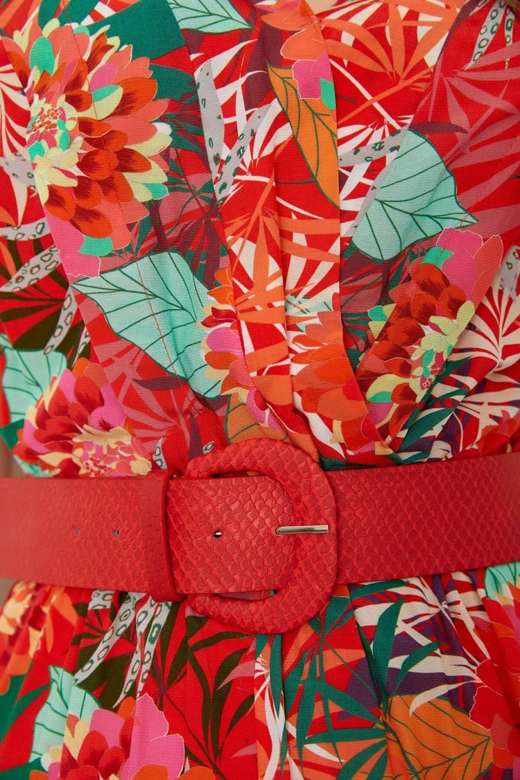 Mercan Floral Desen V Yaka ElbiseST060S28149001