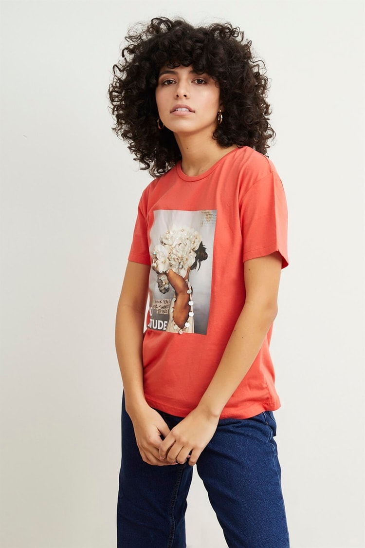 Mercan Kısa Kol Bisiklet Yaka Baskılı T-ShirtST050S7112803