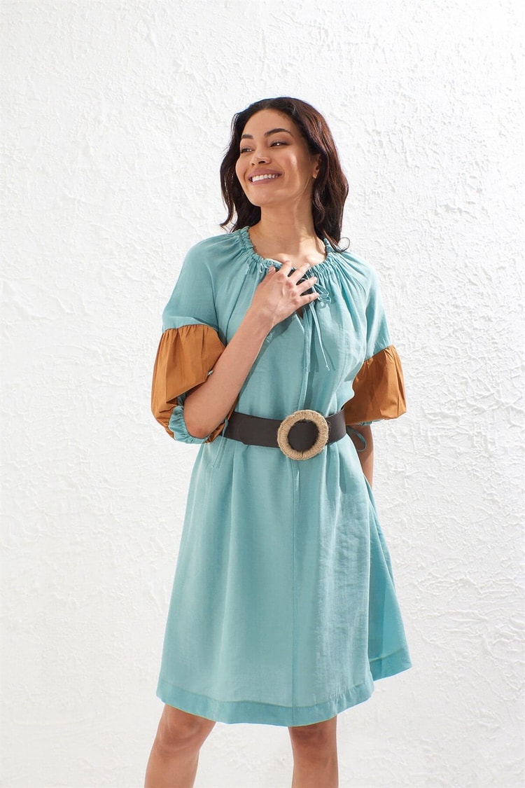 Mint-Camel  Bağcık Yaka Balon Kol Colorblock TunikST050S4050801