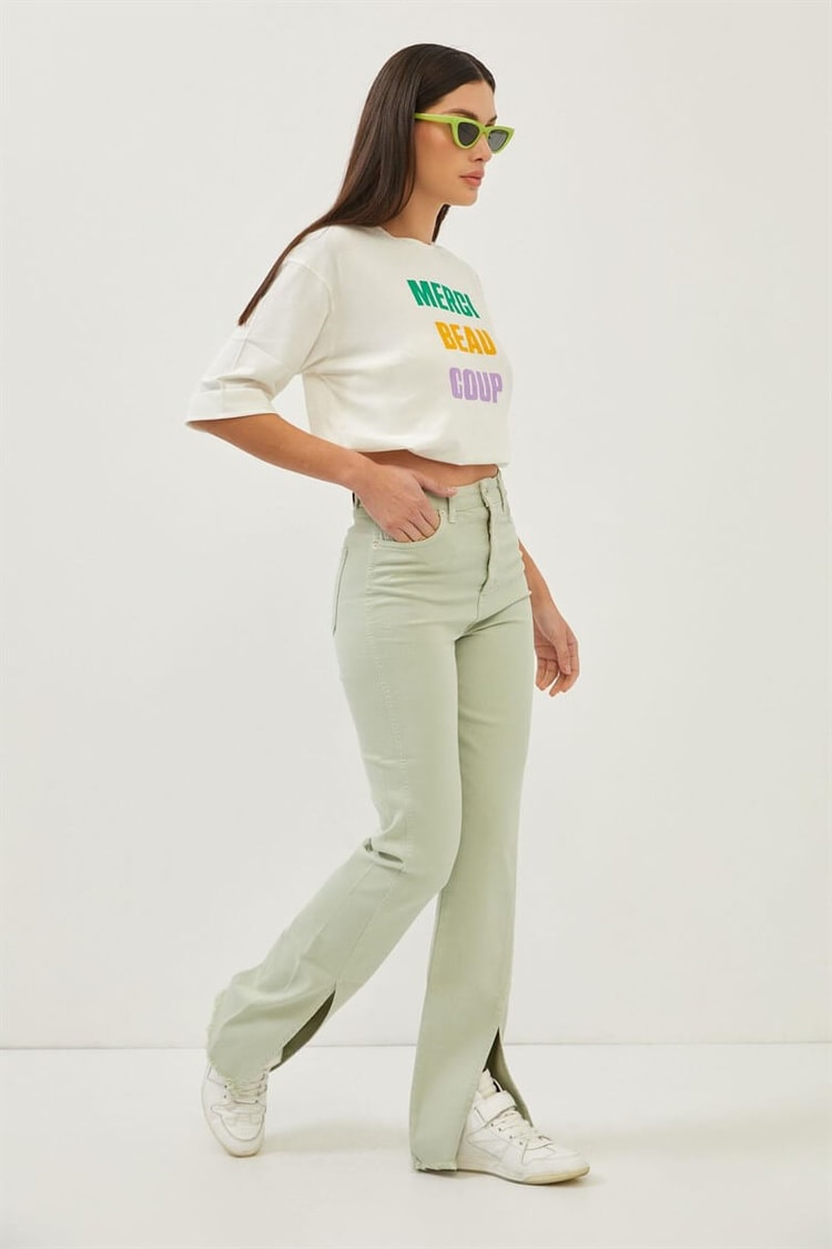 Mint Paçaları Yırtmaç Detaylı Yüksek Bel Wide Leg JeanST070S31744002