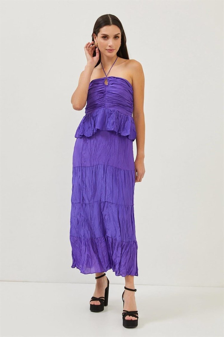Mor Boyundan Bağlamalı Drape Detaylı Fırfırlı ElbiseST070S40155901