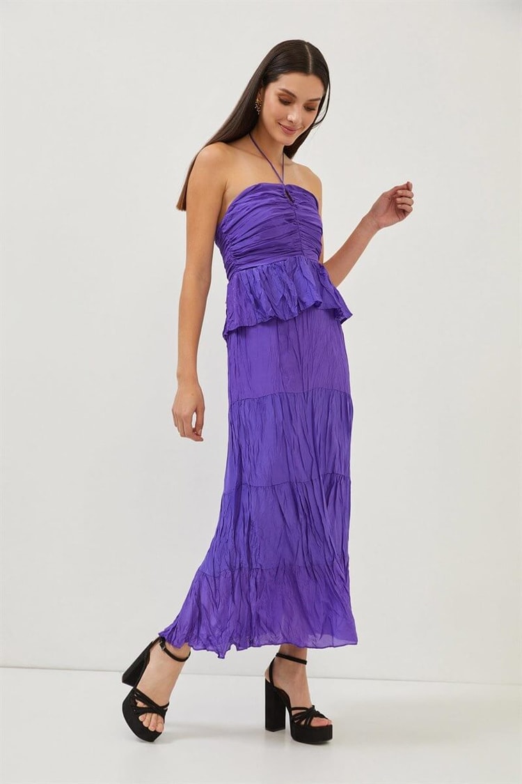 Mor Boyundan Bağlamalı Drape Detaylı Fırfırlı ElbiseST070S40155901