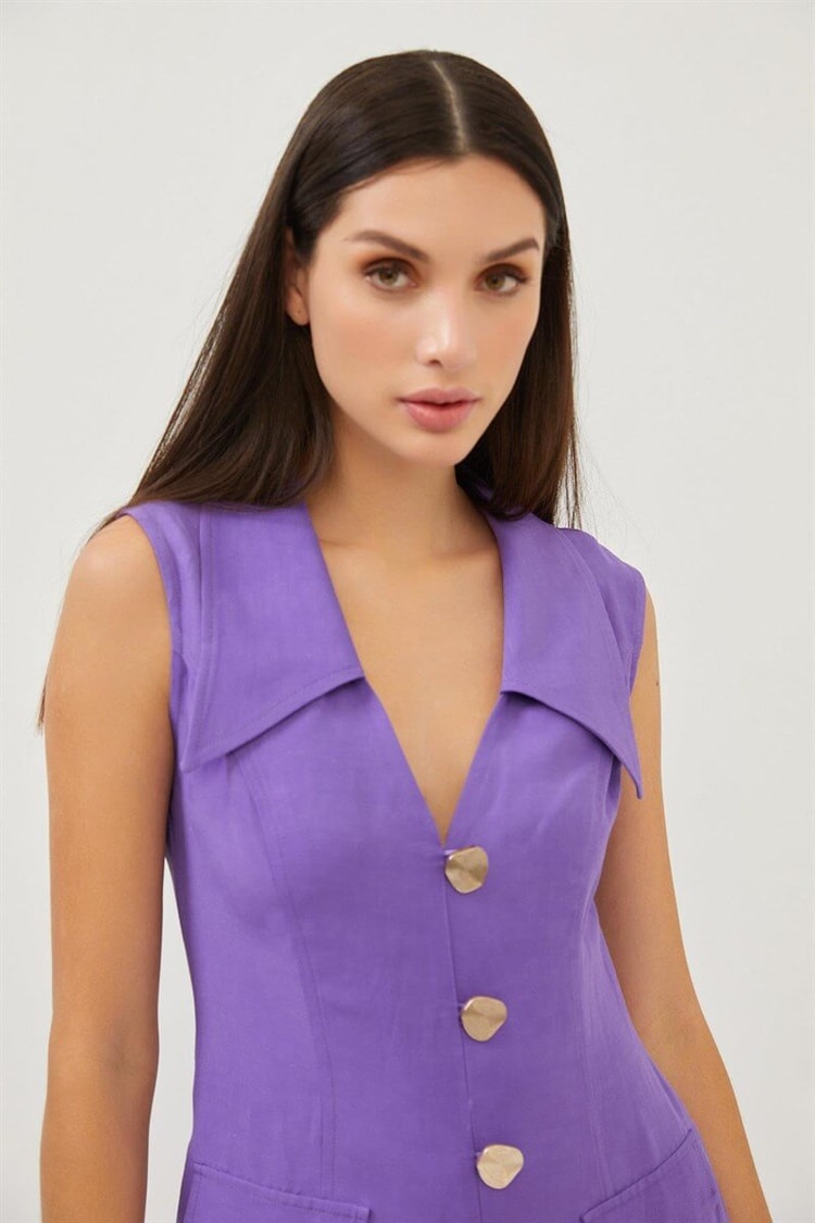Mor Düğme Ve Cep Detaylı Midi Boy ElbiseST070S40156101