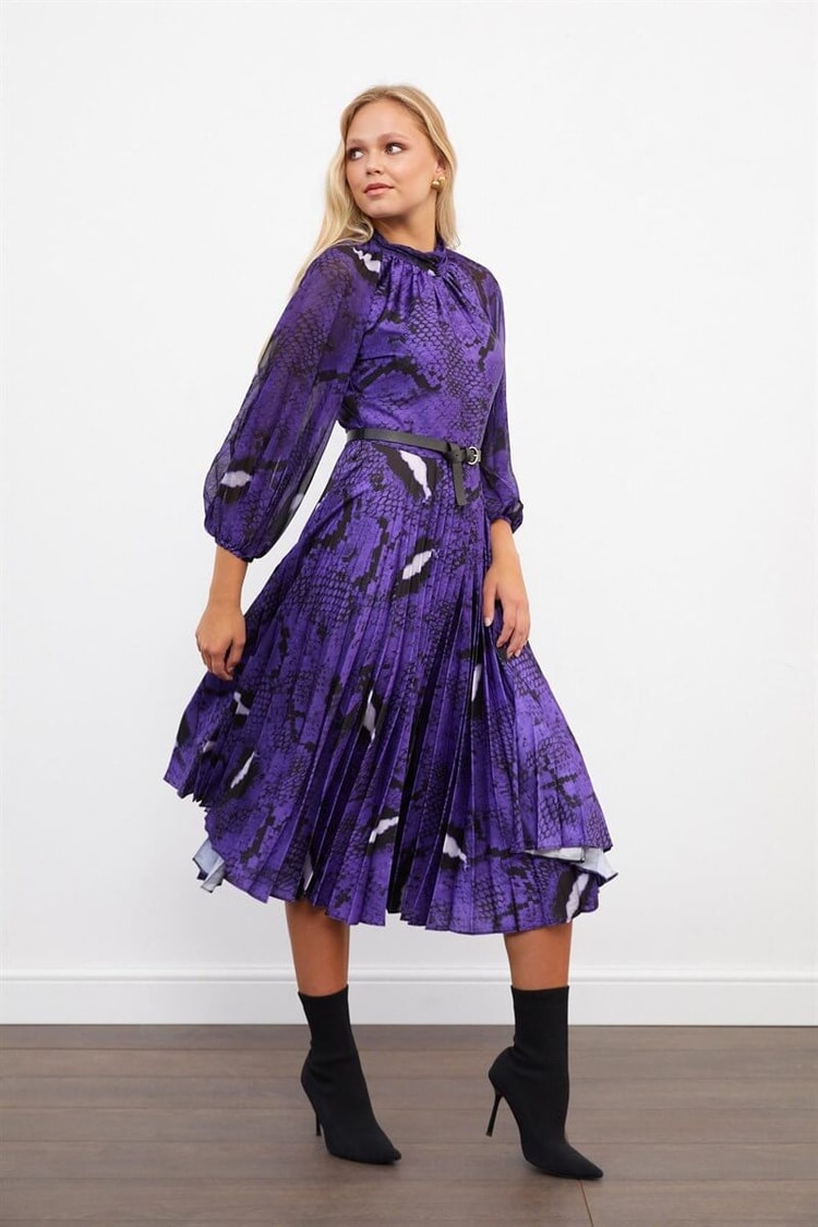 Mor Floral Desenli Kemerli Piliseli ElbiseST050W40375007