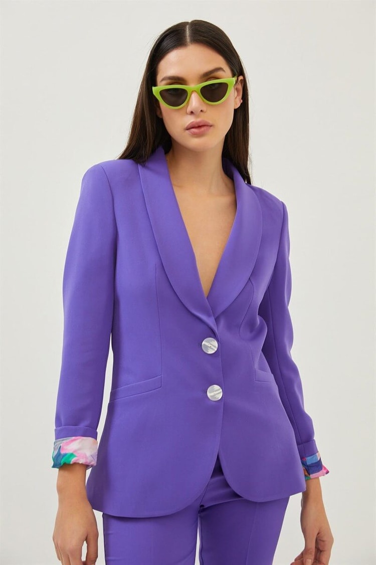 Mor Mono Yaka Blazer Ceket İspanyol Paça Kumaş Pantolon TakımST060S90315002