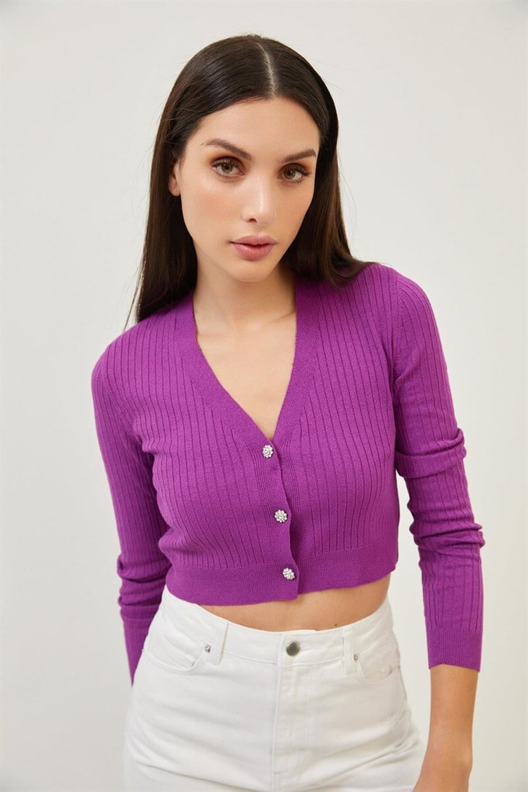 Mor Taşlı Düğme Detaylı Crop Triko BluzST070S94182003