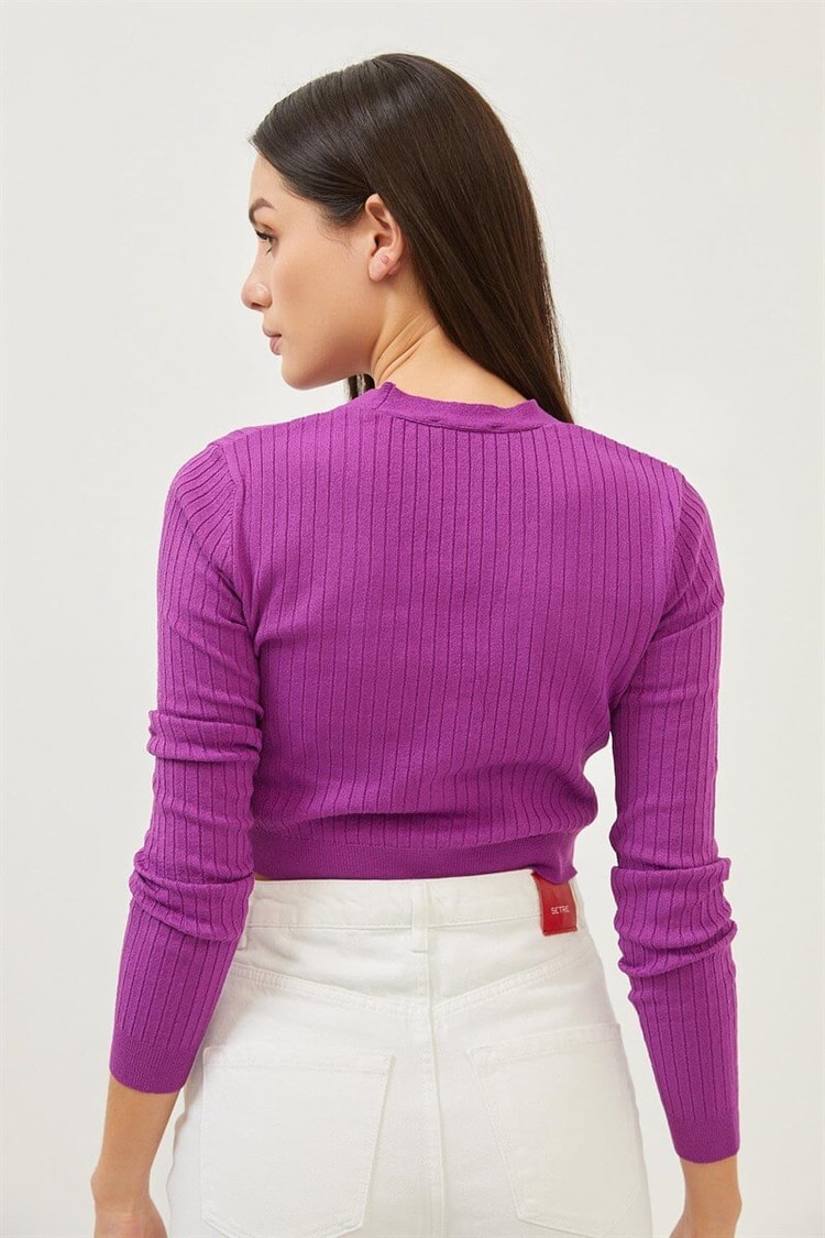 Mor Taşlı Düğme Detaylı Crop Triko BluzST070S94182003