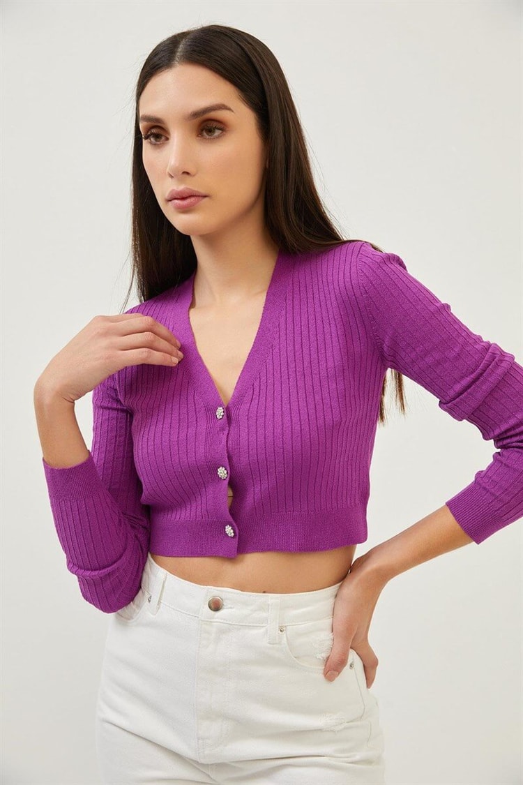 Mor Taşlı Düğme Detaylı Crop Triko BluzST070S94182003