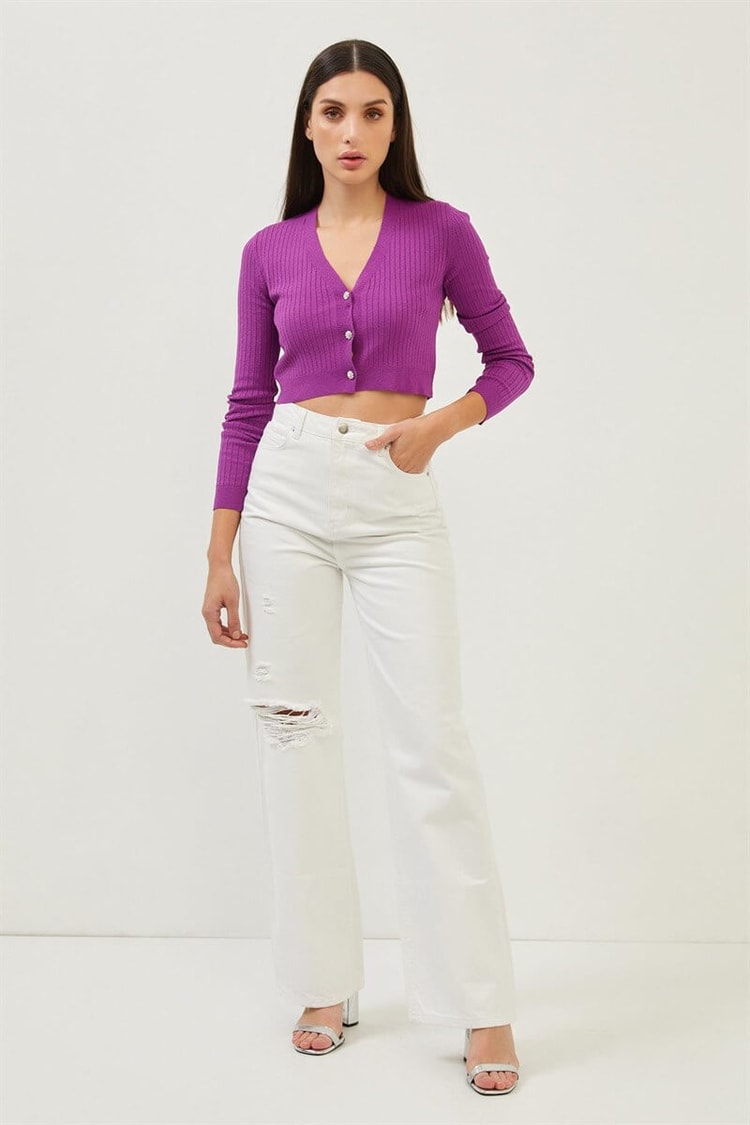 Mor Taşlı Düğme Detaylı Crop Triko BluzST070S94182003