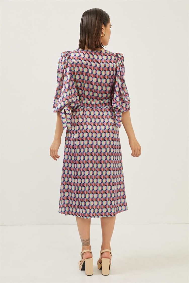 Mor V Yaka Desenli Midi ElbiseST060S40148401