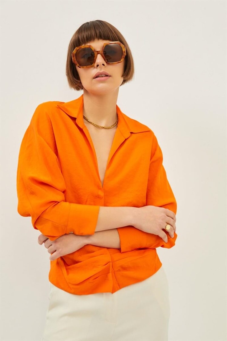 Oranj Drape Detaylı V Yaka GömlekST070S55282001