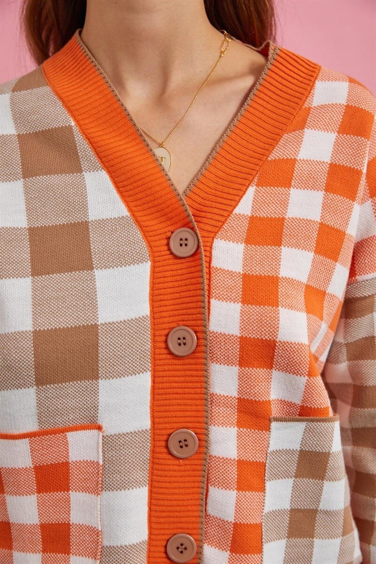 Oranj Düğmeli Ekose HırkaST060W94178001