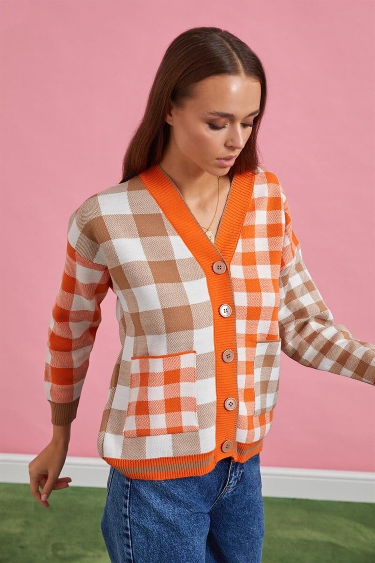 Oranj Düğmeli Ekose HırkaST060W94178001