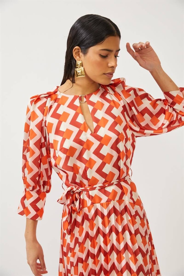 Oranj Geometrik Detaylı Midi ElbiseST060S40125501