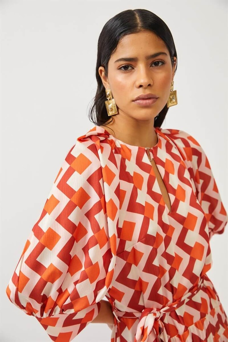 Oranj Geometrik Detaylı Midi ElbiseST060S40125501