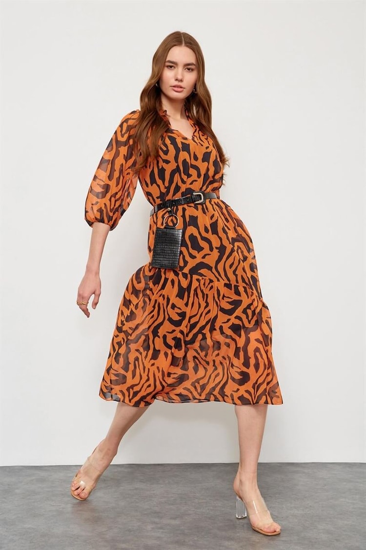 Oranj Kemerli Zebra Desen ElbiseST060S40107502