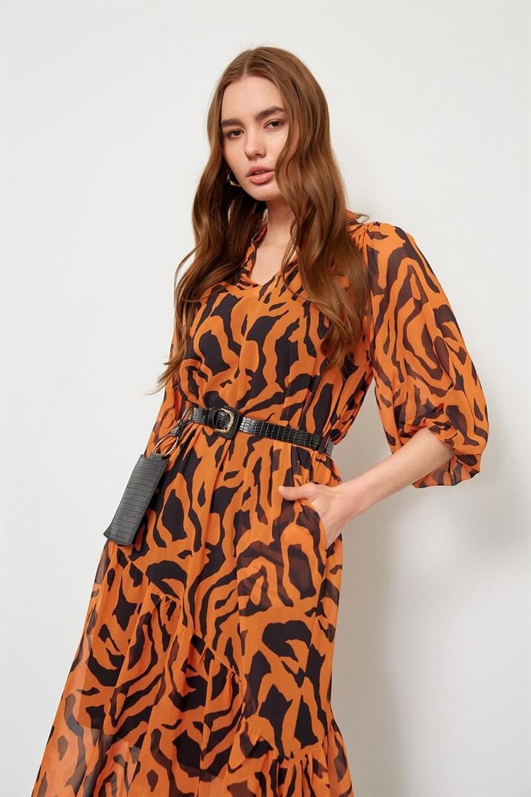Oranj Kemerli Zebra Desen ElbiseST060S40107502