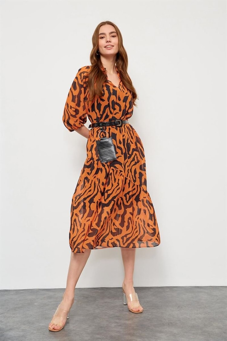 Oranj Kemerli Zebra Desen ElbiseST060S40107502