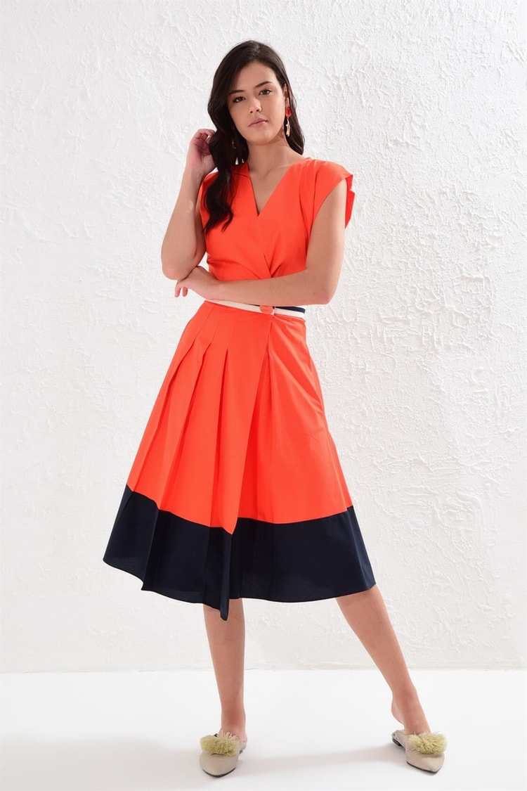 Oranj-Lacivert V Yaka Duble Kol Volan Etek Color Block Poplin ElbiseST050S4053103