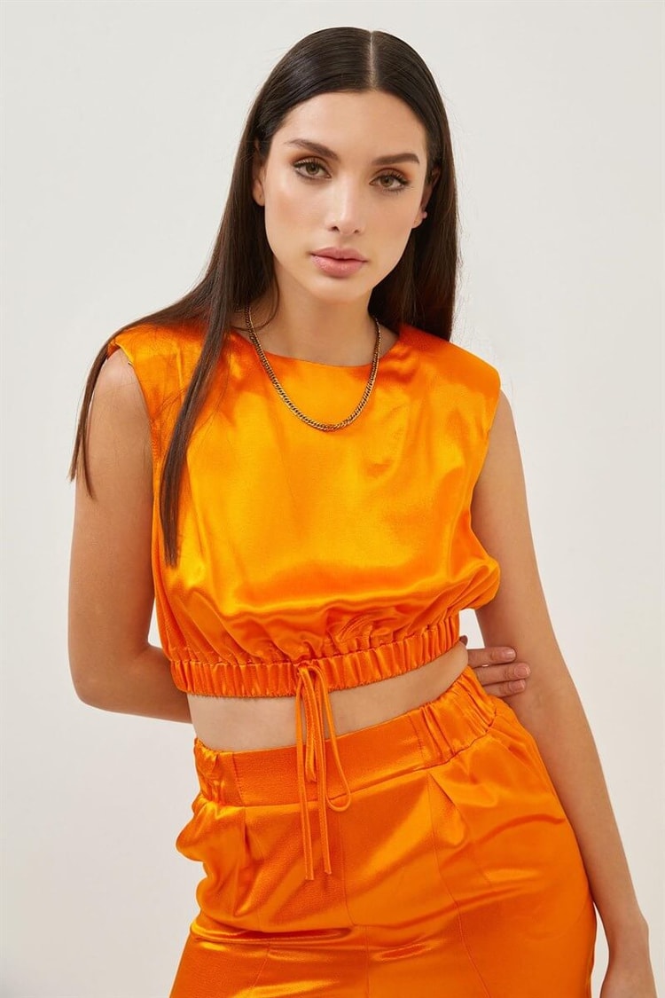 Oranj Saten Bağlama Detaylı Crop Bluz Pantolon TakımST060S30713002