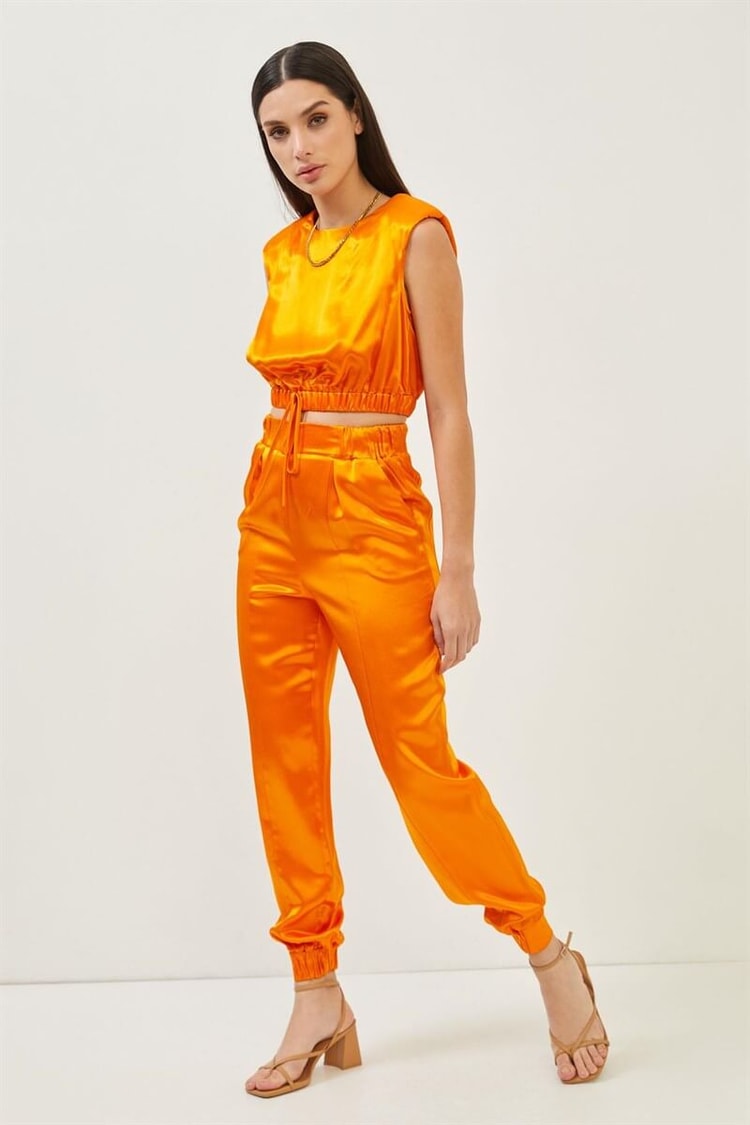 Oranj Saten Bağlama Detaylı Crop Bluz Pantolon TakımST060S30713002