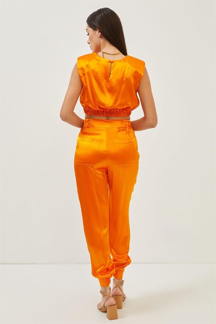 Oranj Saten Bağlama Detaylı Crop Bluz Pantolon TakımST060S30713002