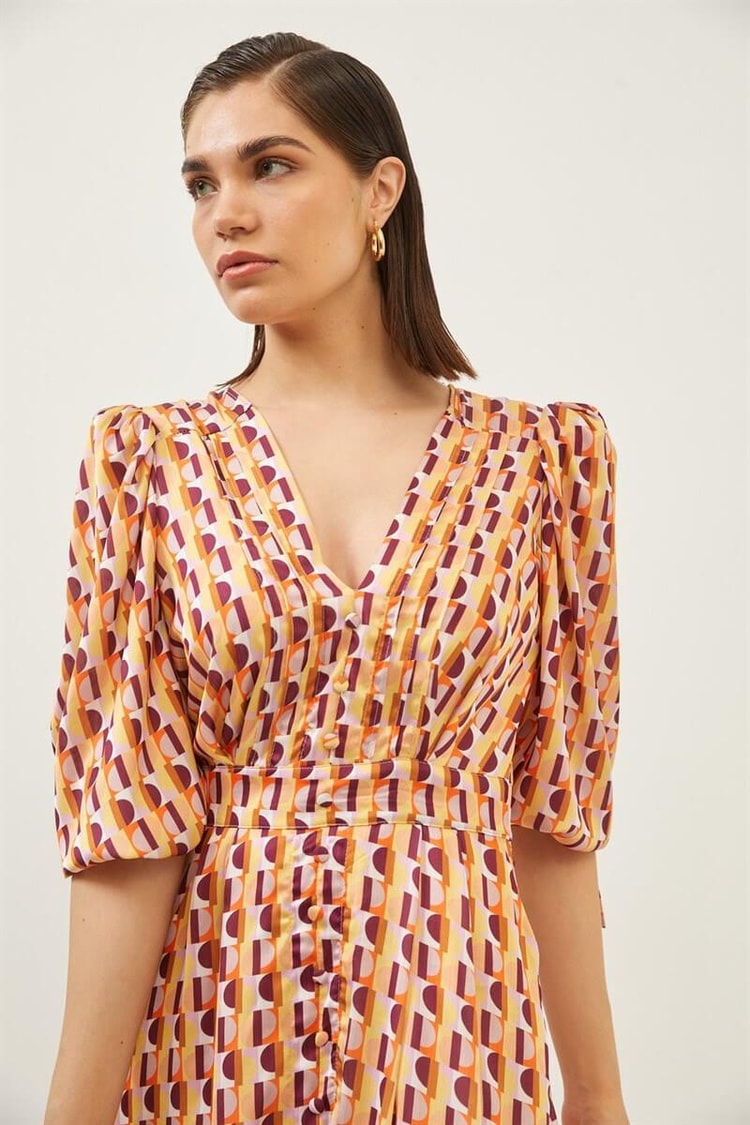 Oranj V Yaka Desenli Midi ElbiseST060S40148401