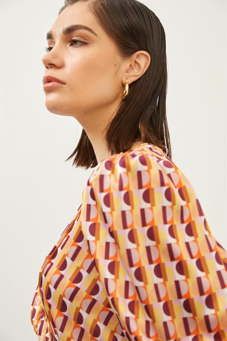 Oranj V Yaka Desenli Midi ElbiseST060S40148401