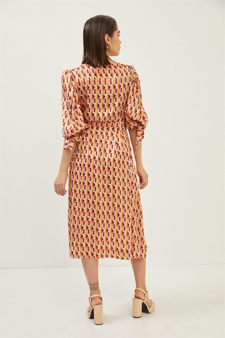Oranj V Yaka Desenli Midi ElbiseST060S40148401