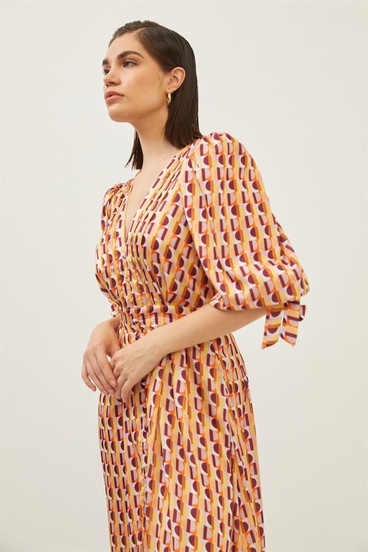 Oranj V Yaka Desenli Midi ElbiseST060S40148401