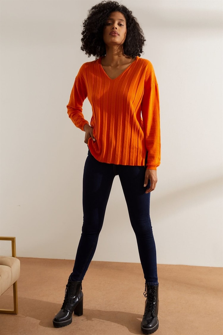 Oranj V Yaka Uzun Kol Basic TrikoST060W9414801