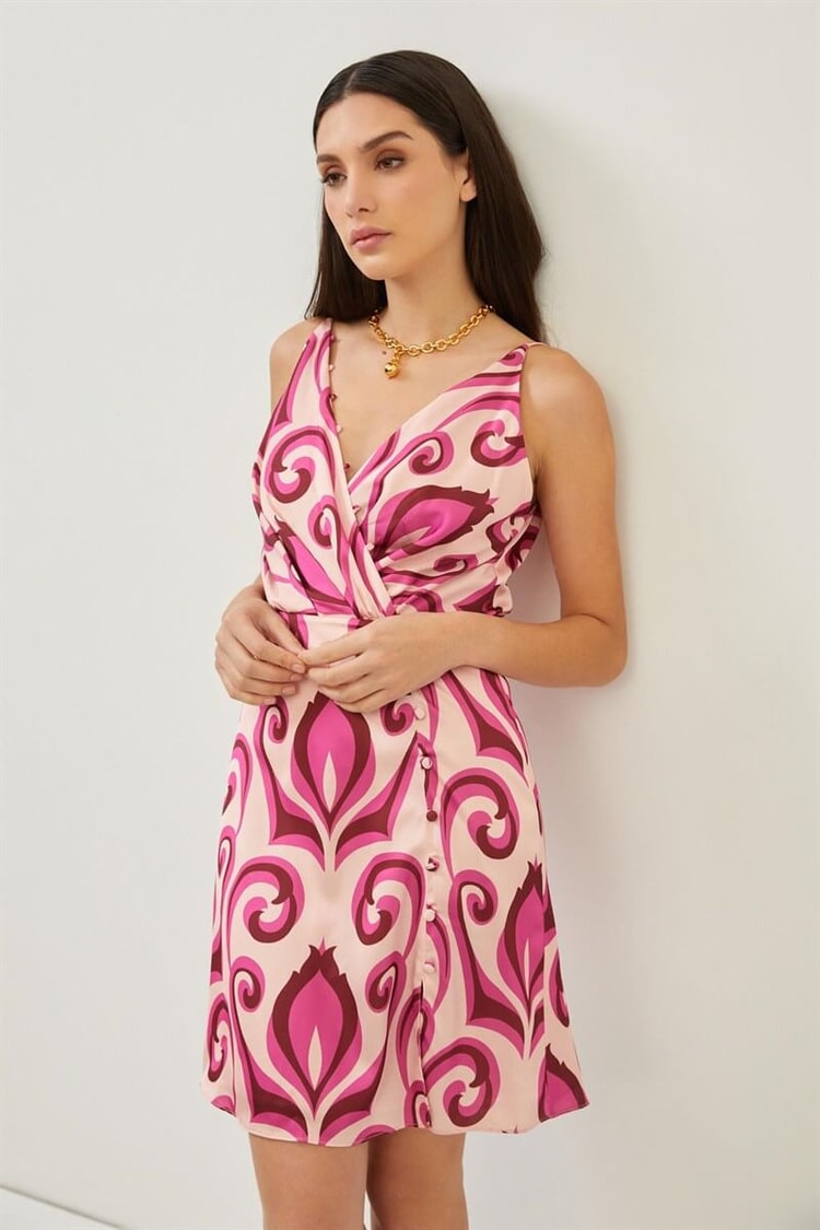 Orkide Floral Desenli Kruvaze Yaka Mini ElbiseST070S40154501
