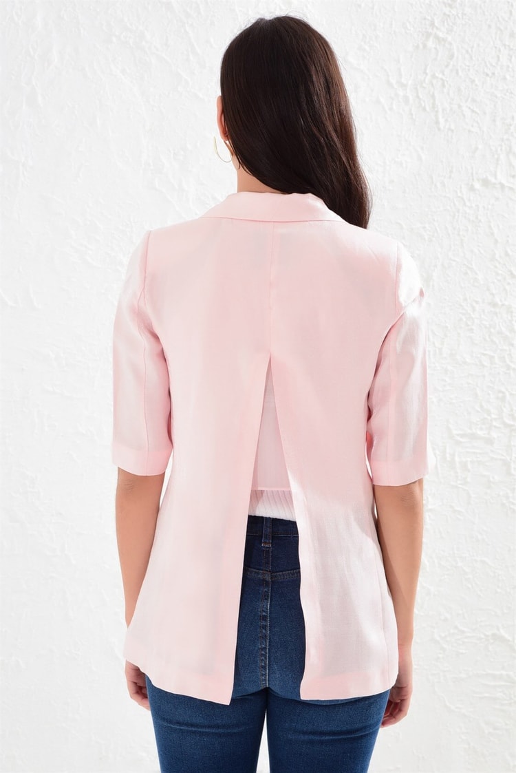 Pembe  Mono Yaka Yarım Kol Parlak Kumaş CeketST050S9015401