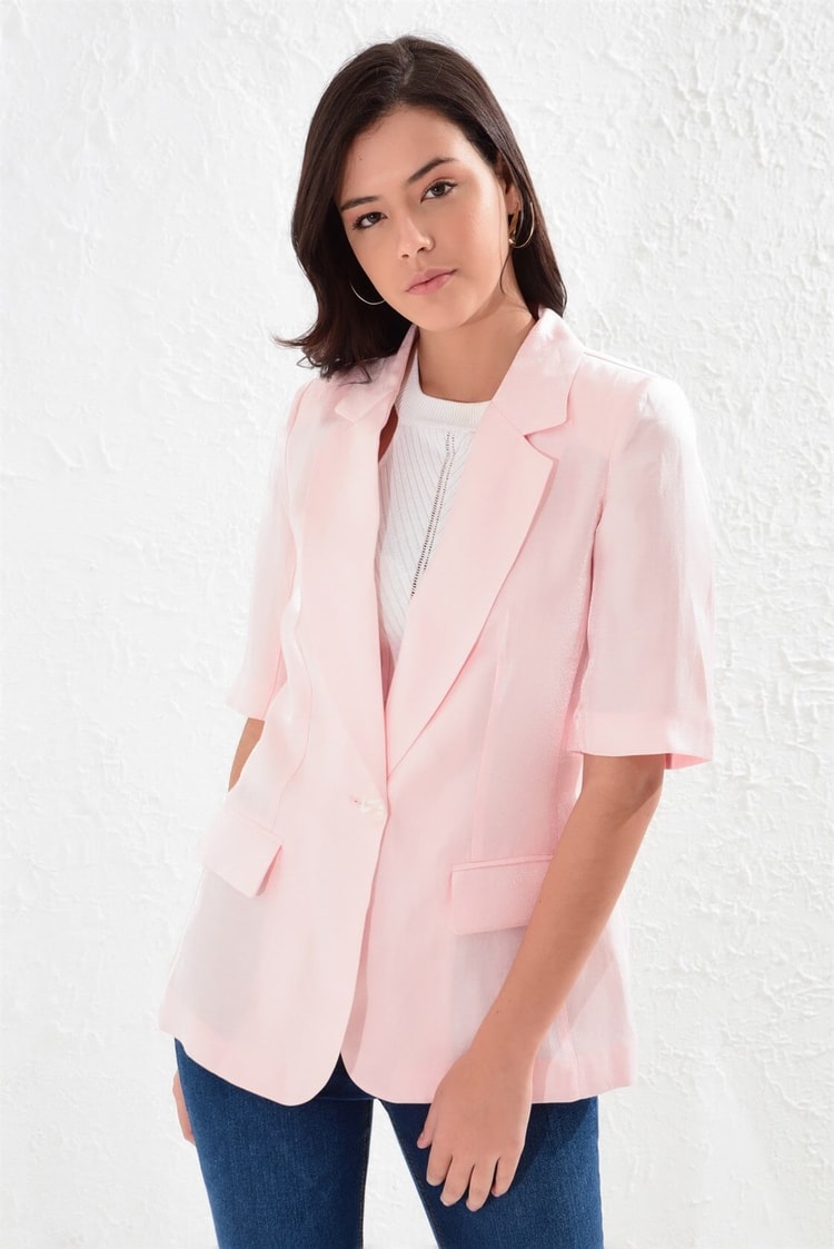 Pembe  Mono Yaka Yarım Kol Parlak Kumaş CeketST050S9015401